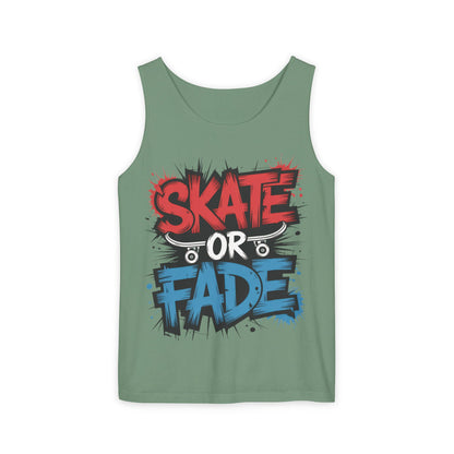 Skate Or Fade Men's Tank Top, Graffiti Skateboard Graphic Muscle Shirt, Urban Streetwear Sleeveless Top, Men's Garment-Dyed Tank Top