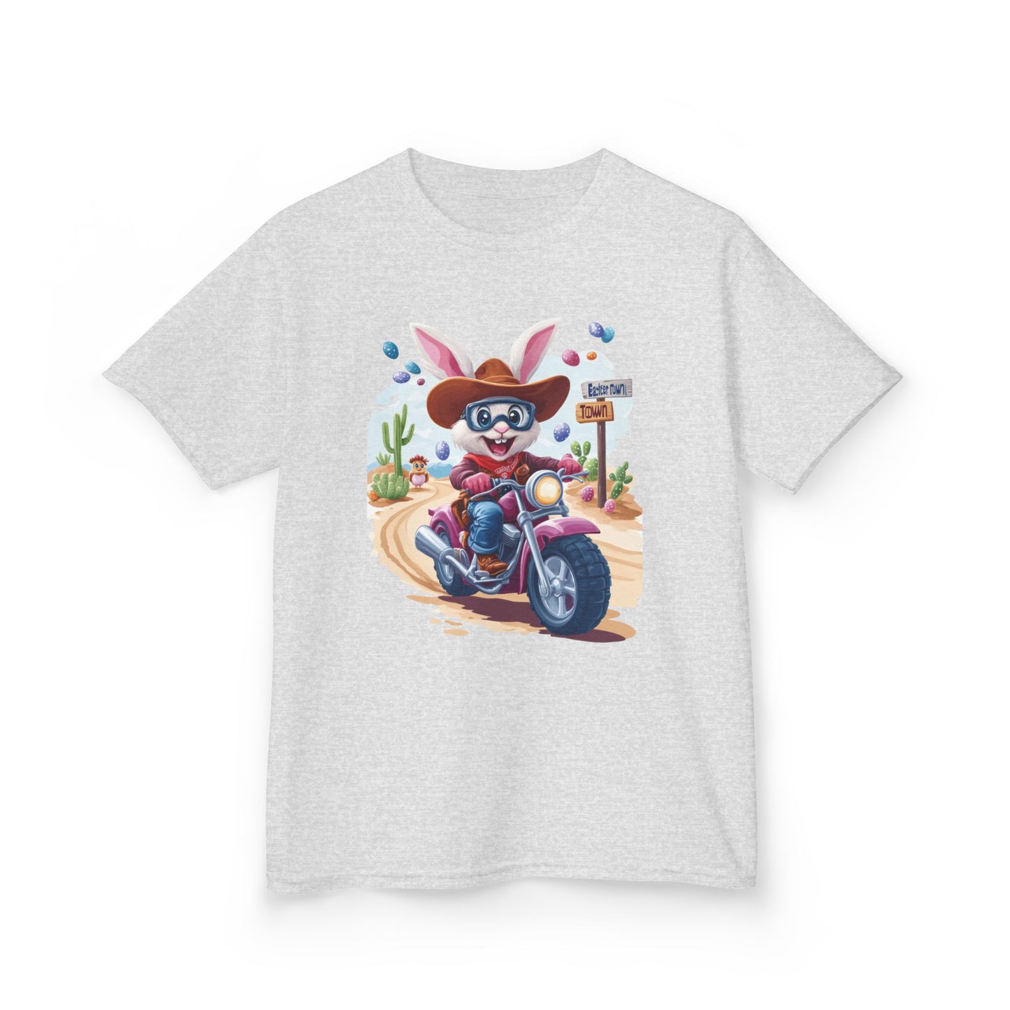 Biker Bunny Kids Tee - Fun Easter Shirt for Boys & Girls, Cute Spring Outfit with Motorcycle Rabbit Heavy Cotton Toddler T-Shirt Bunny Rider
