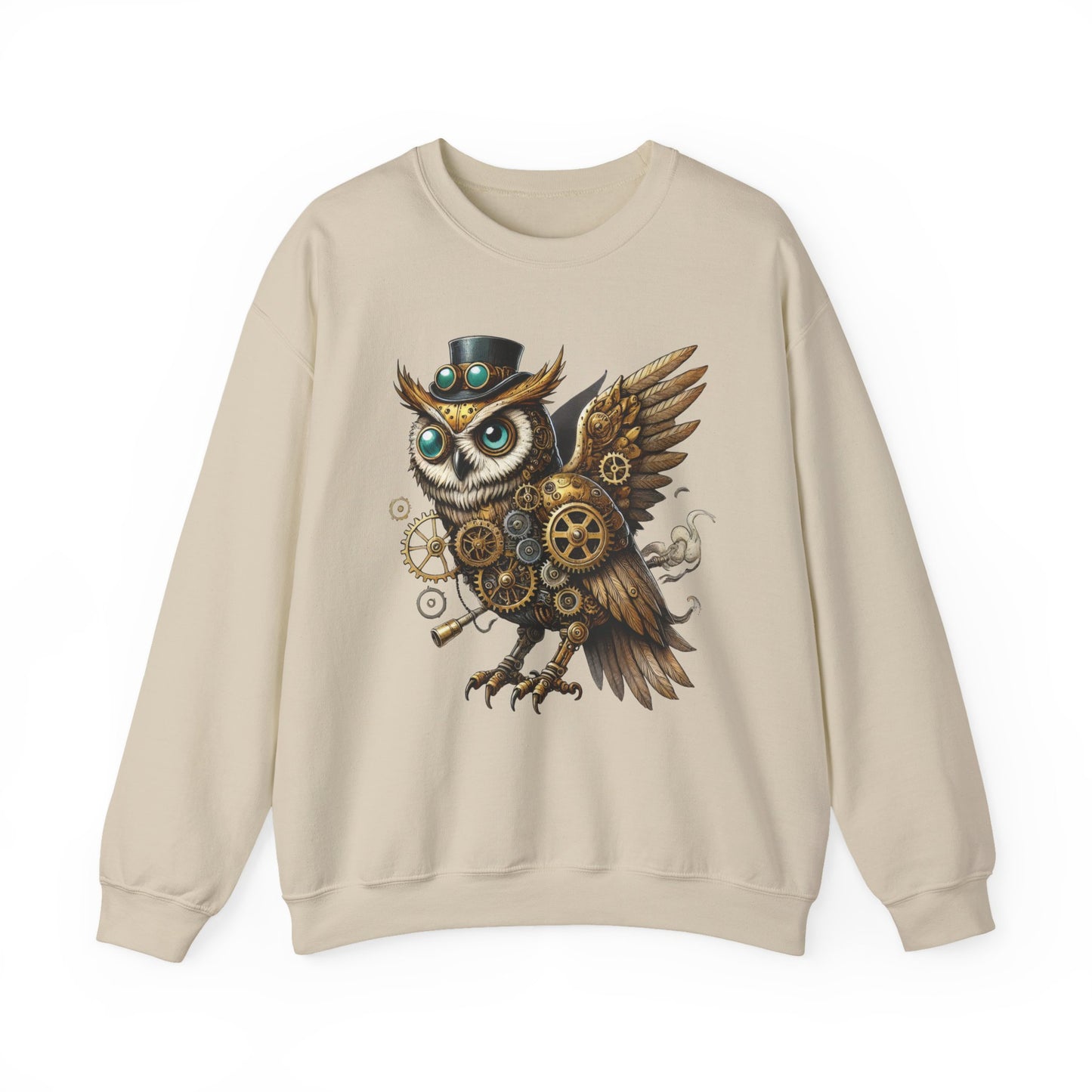 Steampunk Owl Unisex Crewneck Sweatshirt, Vintage Mechanical Gears Fantasy Bird Graphic Pullover, Gift for Owl Lovers