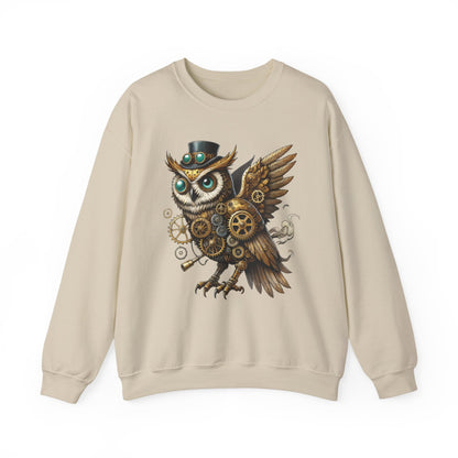 Steampunk Owl Unisex Crewneck Sweatshirt, Vintage Mechanical Gears Fantasy Bird Graphic Pullover, Gift for Owl Lovers