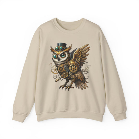 Steampunk Owl Unisex Crewneck Sweatshirt, Vintage Mechanical Gears Fantasy Bird Graphic Pullover, Gift for Owl Lovers