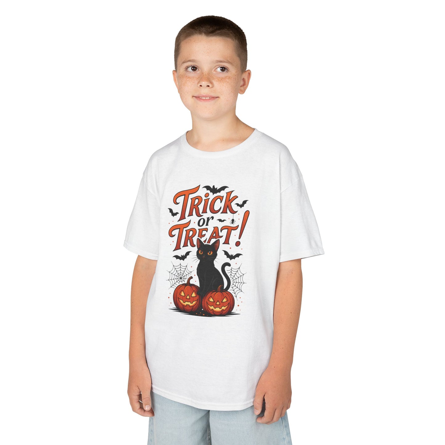 Cute Trick or Treat Black Cat T-Shirt for Girls Boys, Fun Spooky Halloween Tee, Pumpkin Cat Shirt for Kids, Fall Party Outfit