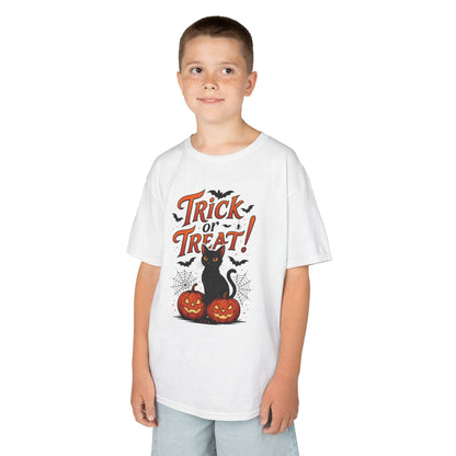 Cute Trick or Treat Black Cat T-Shirt for Girls Boys, Fun Spooky Halloween Tee, Pumpkin Cat Shirt for Kids, Fall Party Outfit