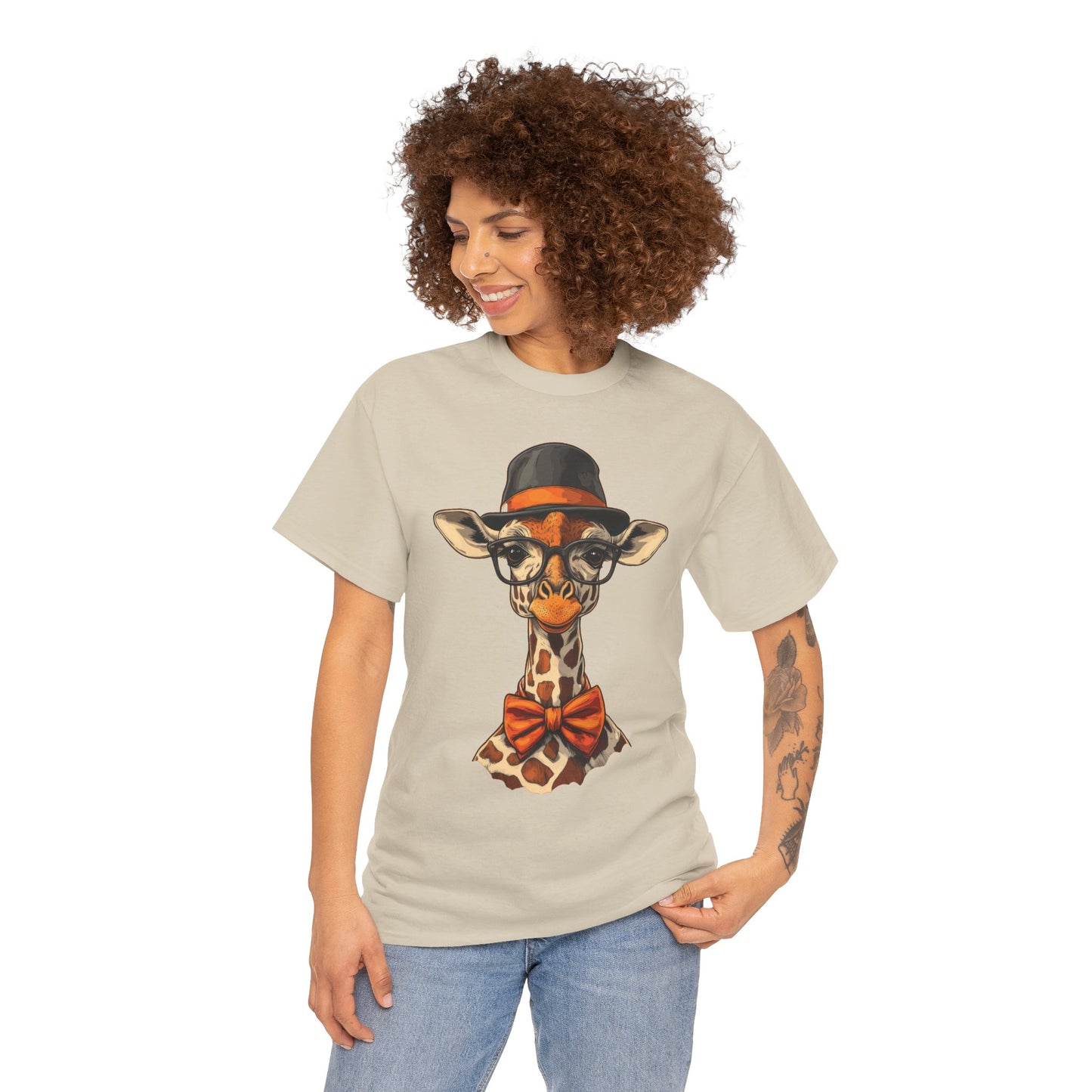 Hipster Giraffe T-Shirt with Hat and Glasses, Whimsical Giraffe Tee, Fun Gift, Cute Graphic Shirt, Unisex Heavy Cotton Tee