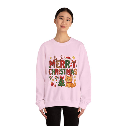 Women's Merry Christmas Cat Sweatshirt, Cozy Holiday Cat Lover Pullover, Women's Heavy Blend™ Crewneck Sweatshirt