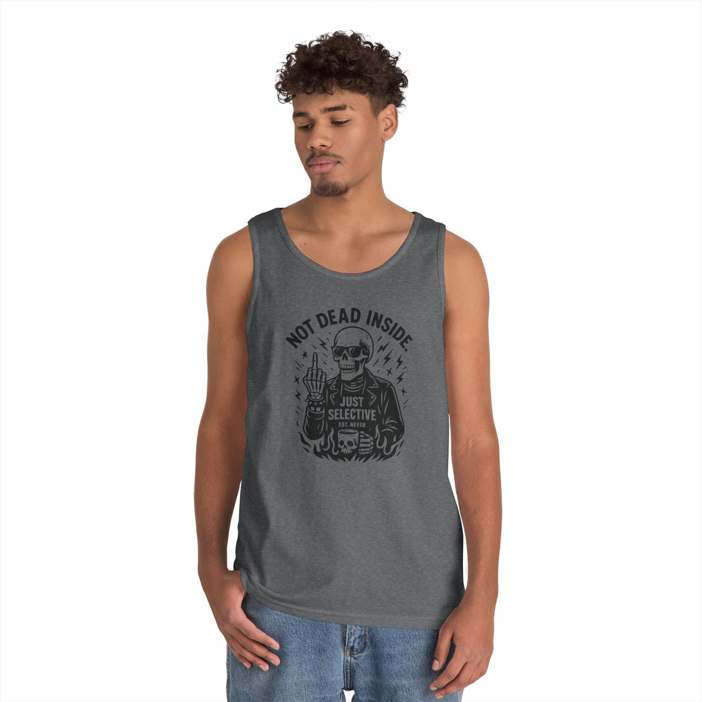 Mens Dark Humor Graphic Tank Top, Not Dead Inside, Funny Graphic Tee, Gifts for Him, Halloween, Occasions, Funny Skeleton Tee