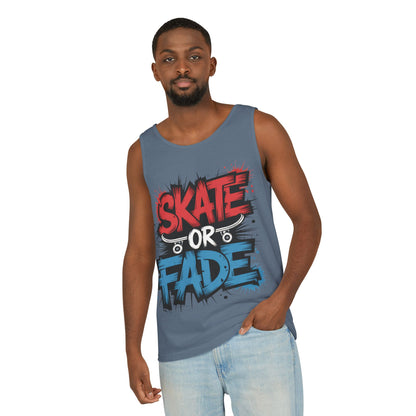 Skate Or Fade Men's Tank Top, Graffiti Skateboard Graphic Muscle Shirt, Urban Streetwear Sleeveless Top, Men's Garment-Dyed Tank Top
