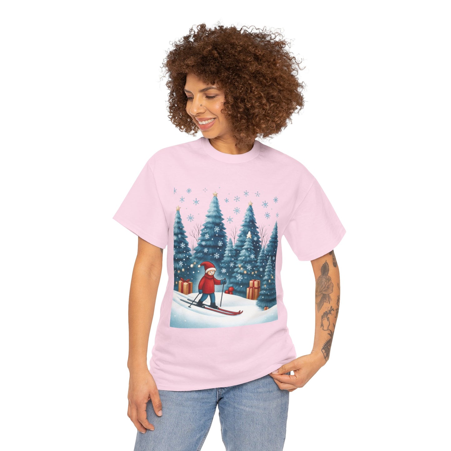 Womens Cute Winter Holiday Graphic Tee, Christmas Skiing T-Shirt, Women's Heavy Cotton Tee