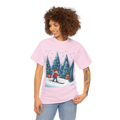 Womens Cute Winter Holiday Graphic Tee, Christmas Skiing T-Shirt, Women's Heavy Cotton Tee