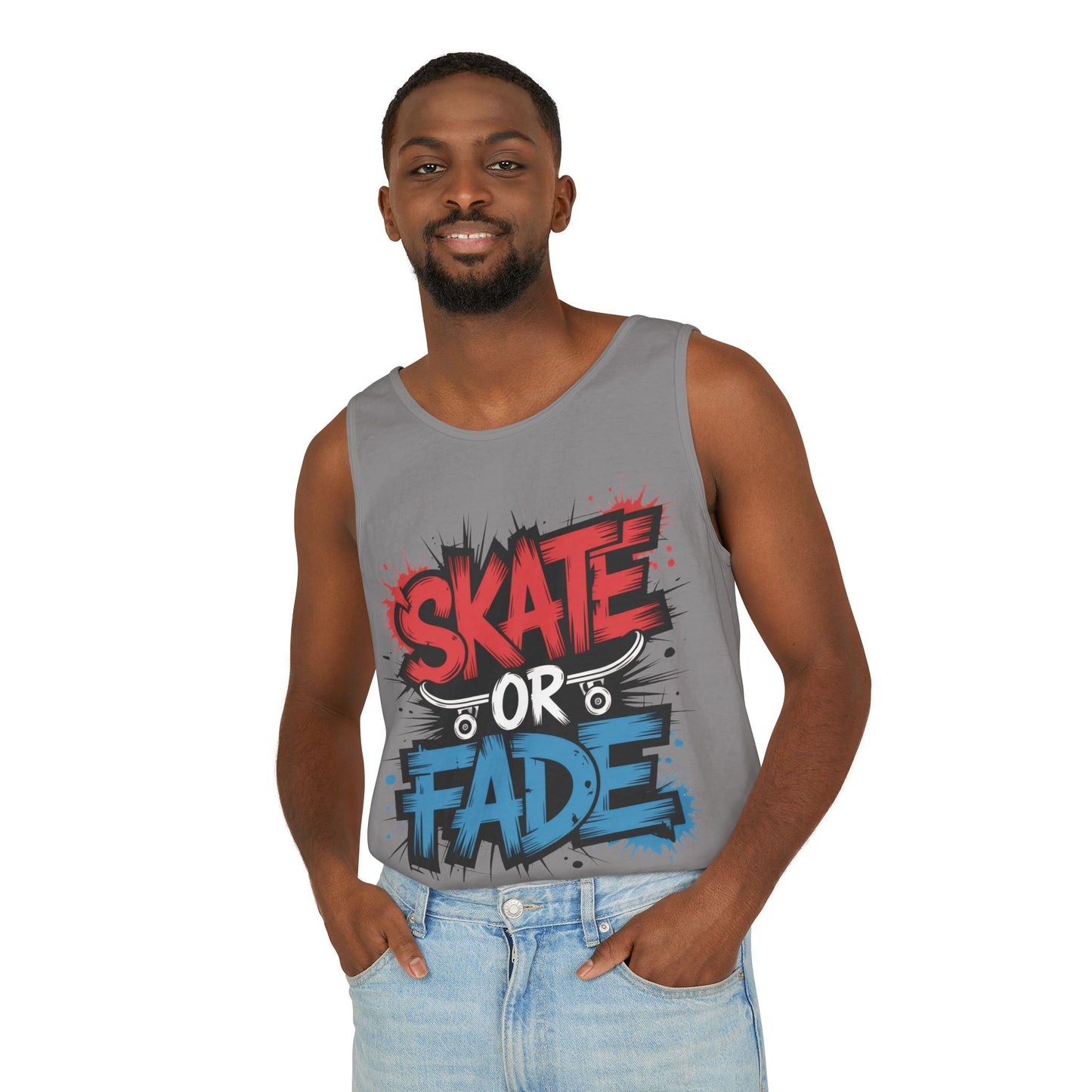 Skate Or Fade Men's Tank Top, Graffiti Skateboard Graphic Muscle Shirt, Urban Streetwear Sleeveless Top, Men's Garment-Dyed Tank Top