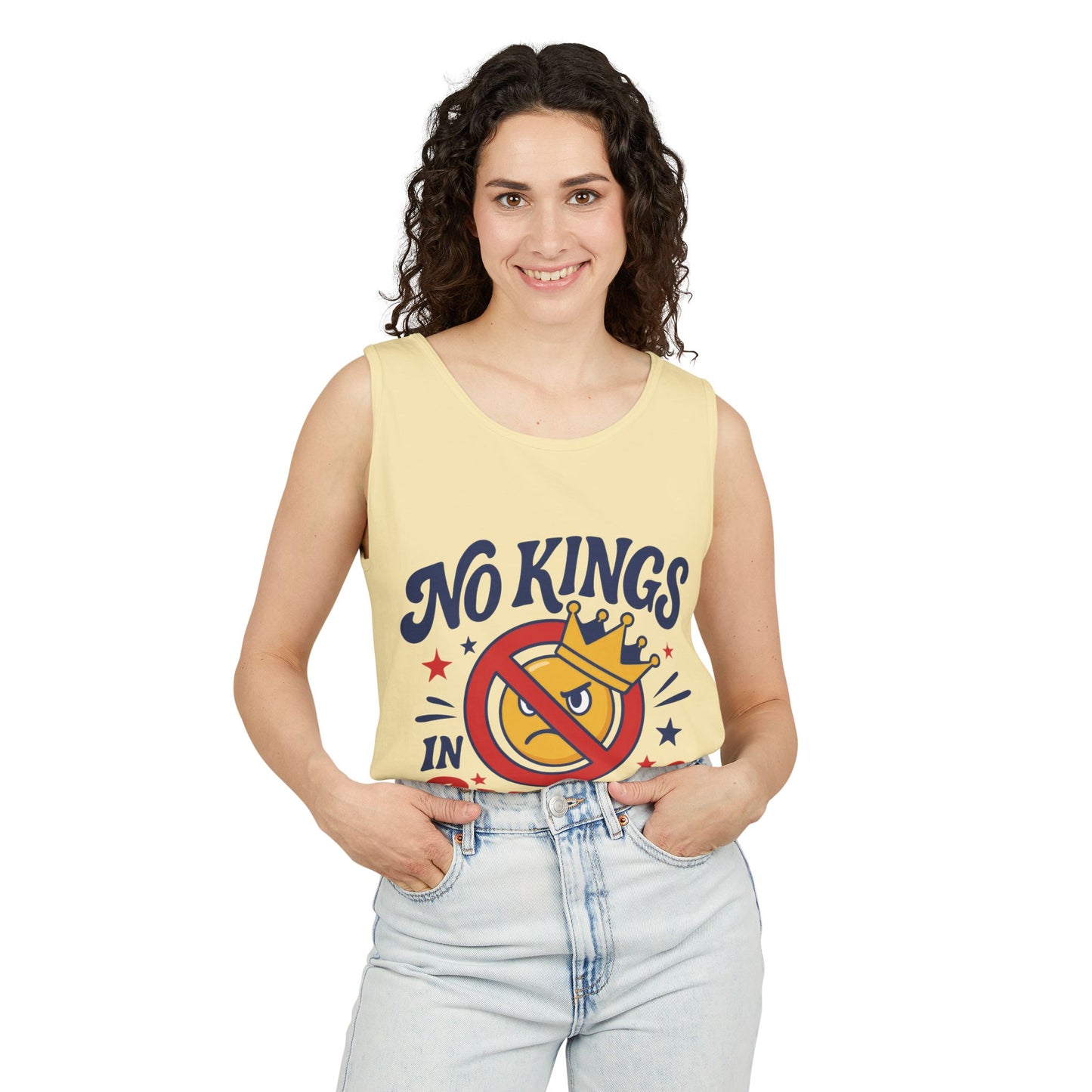 No Kings in America Tank Top - Funny Patriotic Anti Monarchy Sleeveless Shirt - USA Freedom Top, Unisex Summer Apparel, USA Independence Day