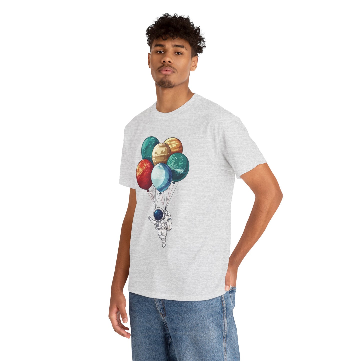 Astronaut with Planet Balloons T-Shirt, Space Lover Unisex Tee, Outer Space Graphic Shirt, Space Theme Shirt, Cosmic Adventure Top