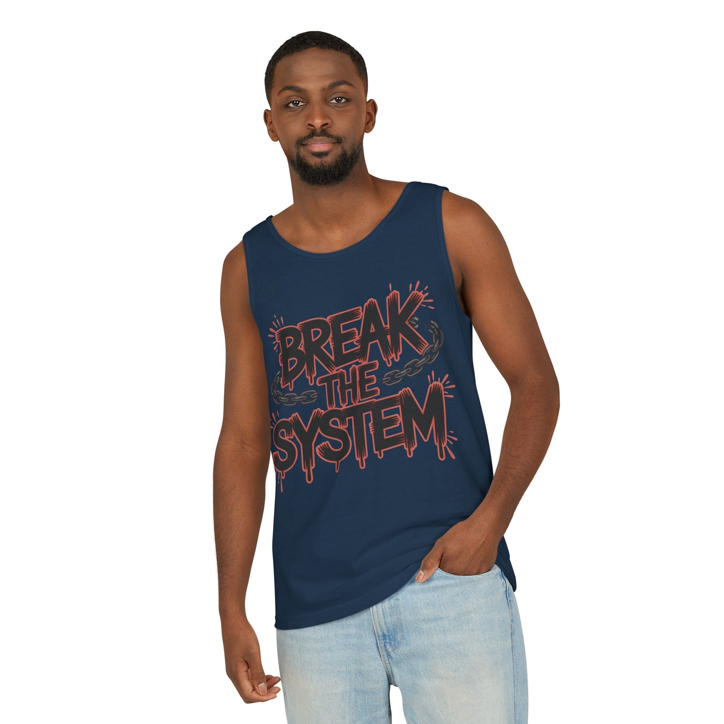 Men's Garment-Dyed Tank Top, Break the System Tank Top, Graphic Protest Muscle Tee, Streetwear Activist Summer Top