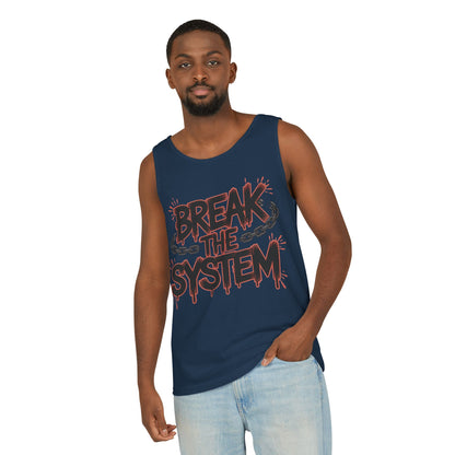 Men's Garment-Dyed Tank Top, Break the System Tank Top, Graphic Protest Muscle Tee, Streetwear Activist Summer Top