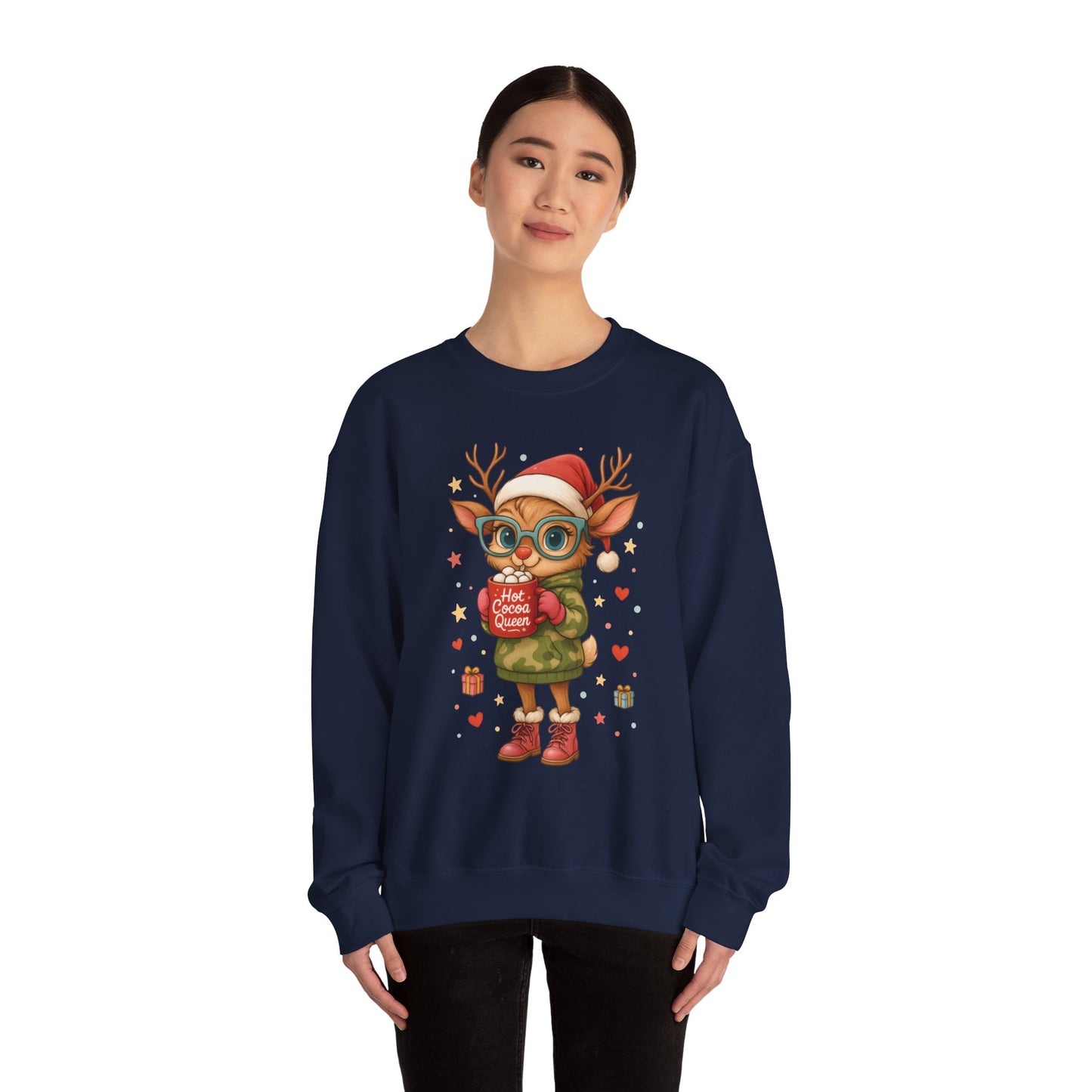 Hot Cocoa Queen Christmas Sweatshirt, Cute Cozy Holiday Reindeer Pullover