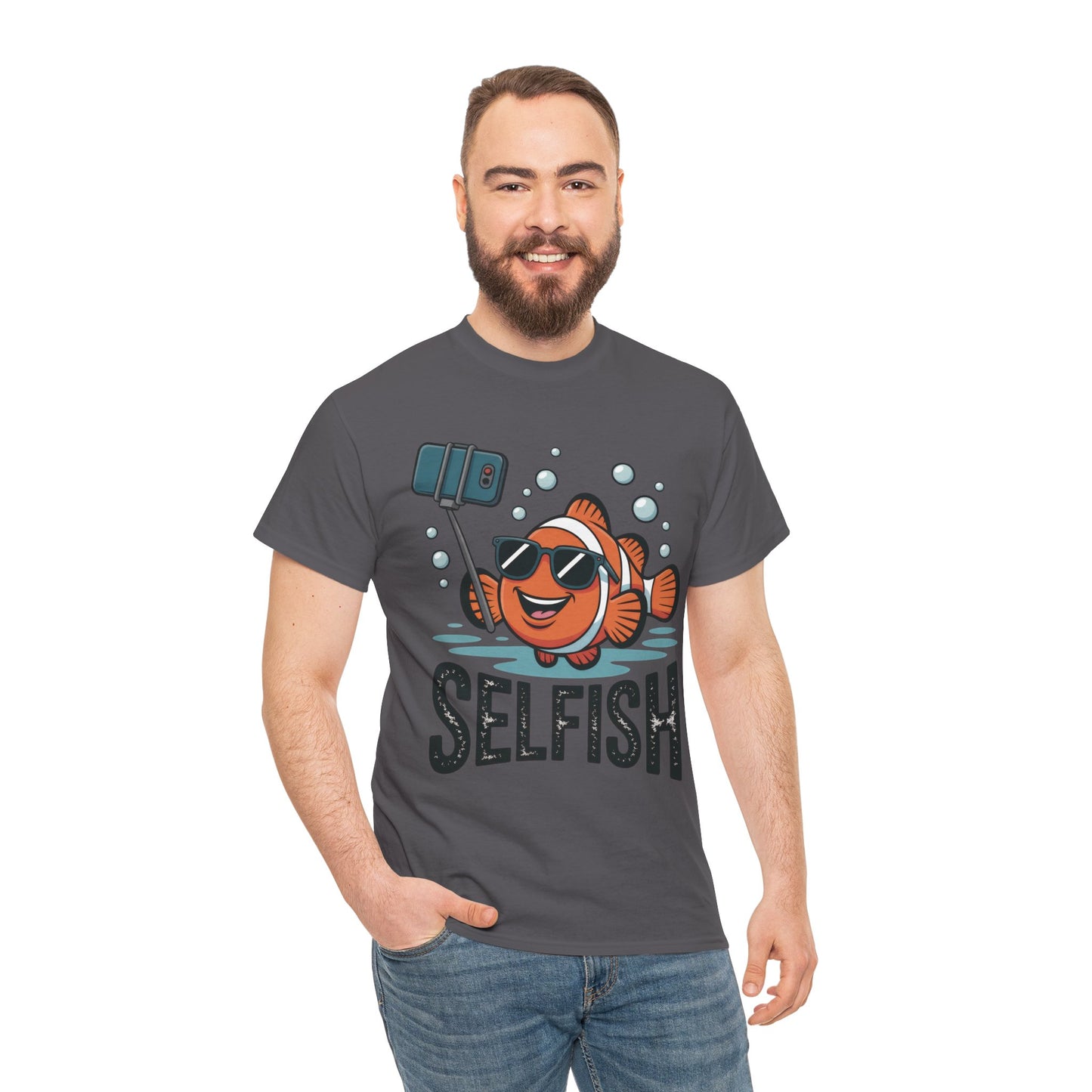 Unisex Heavy Cotton Tee, Mens Selfish Funny Fish T-Shirt, Cute Selfie Graphic Tee, Ocean Humor Shirt