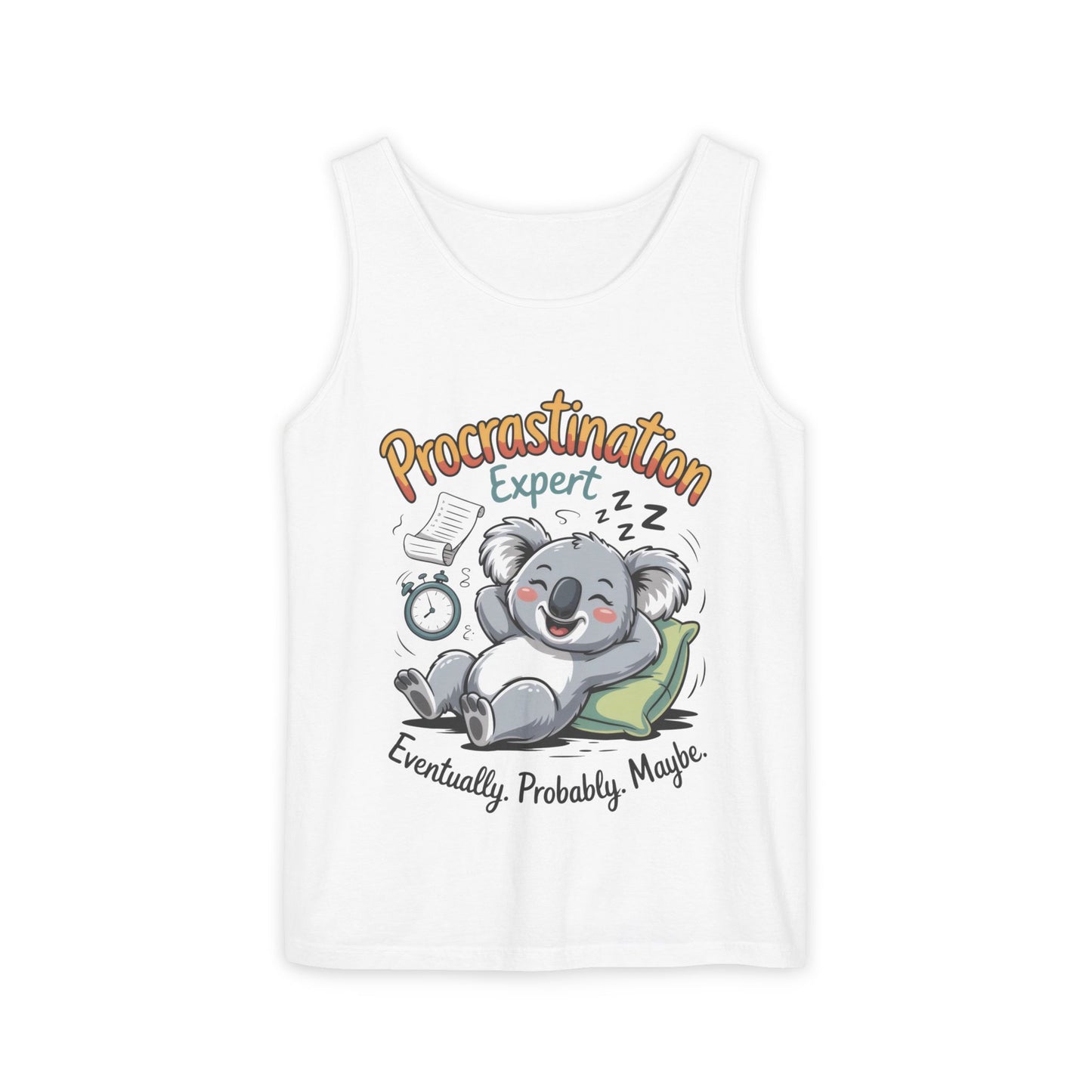 Procrastination Expert Womens Tank Top, Funny Gift for Lazy Days, Relaxed Fit Tee, Casual Summer Wear, Koala Graphic Top, Motivational Apparel