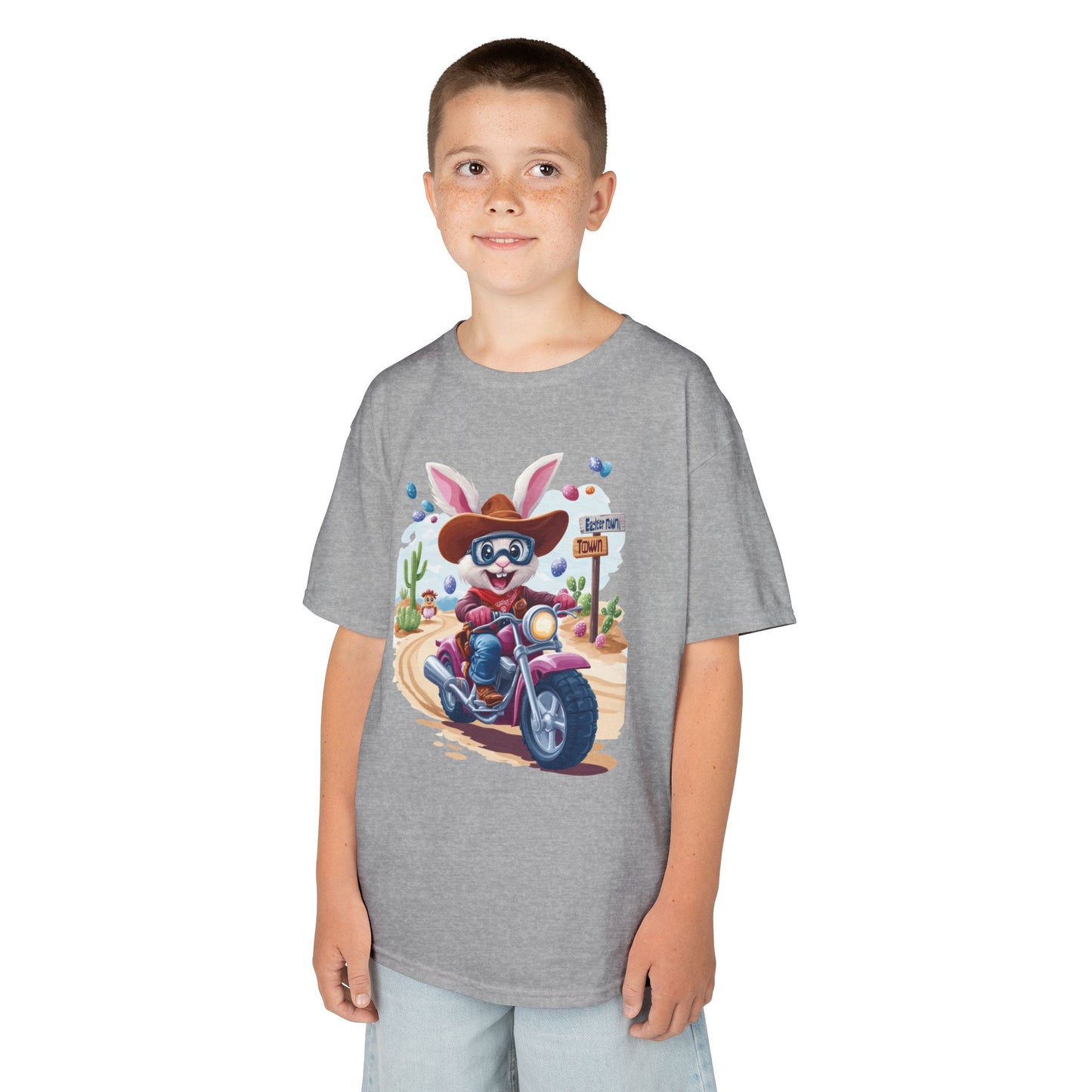 Biker Bunny Kids Tee - Fun Easter Shirt for Boys & Girls, Cute Spring Outfit with Motorcycle Rabbit Heavy Cotton Toddler T-Shirt Bunny Rider
