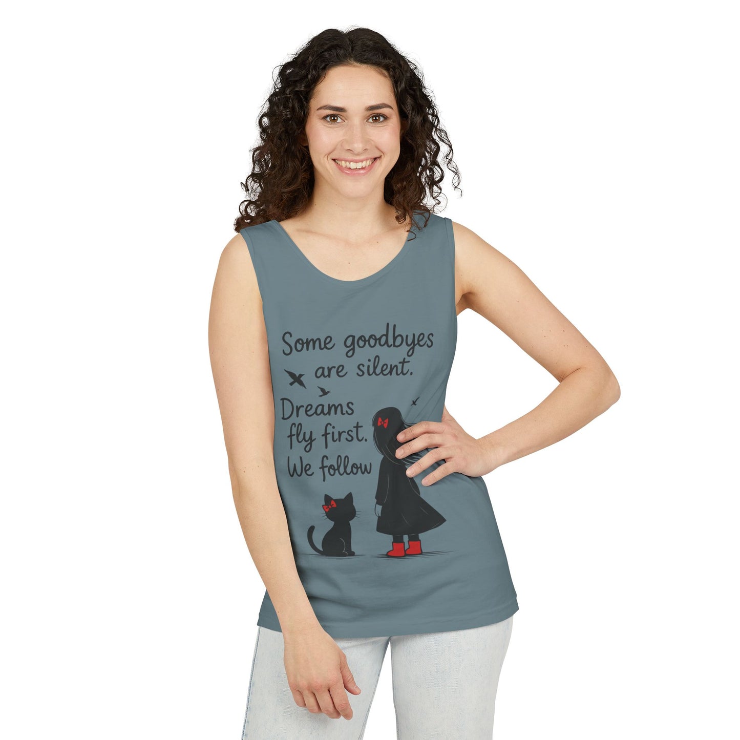 Minimalist Tank Top, Womens Tank, Girl & Cat Art Print, Emotional Lightweight Summer Shirt,  Inspirational Apparel, Cat Lover Gift