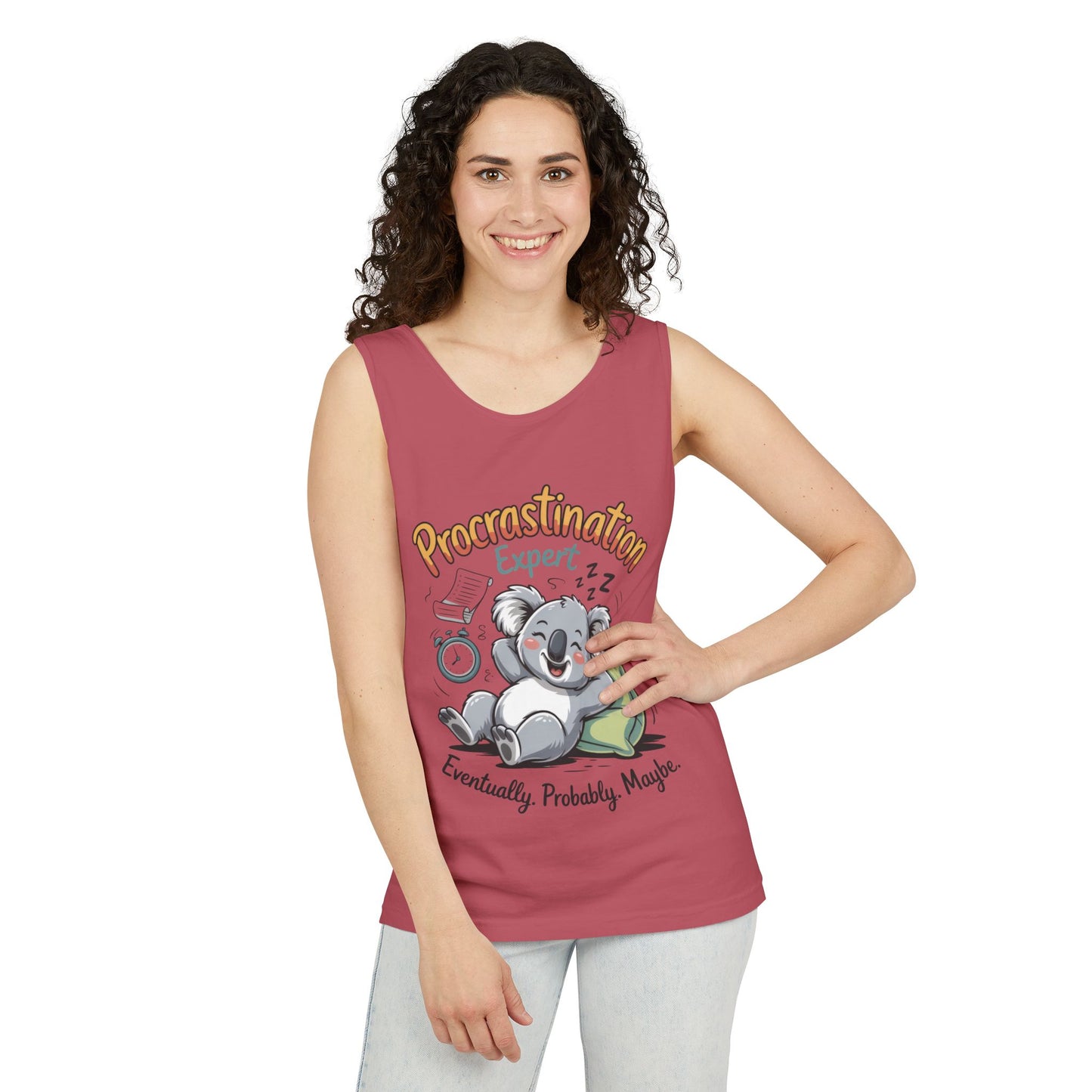 Procrastination Expert Womens Tank Top, Funny Gift for Lazy Days, Relaxed Fit Tee, Casual Summer Wear, Koala Graphic Top, Motivational Apparel