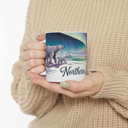 Northern Serenity Polar Bear Mug, Arctic Aurora Coffee Cup, Winter Wildlife Gift, Cute Animal Nature Lover Mug, Holiday Present
