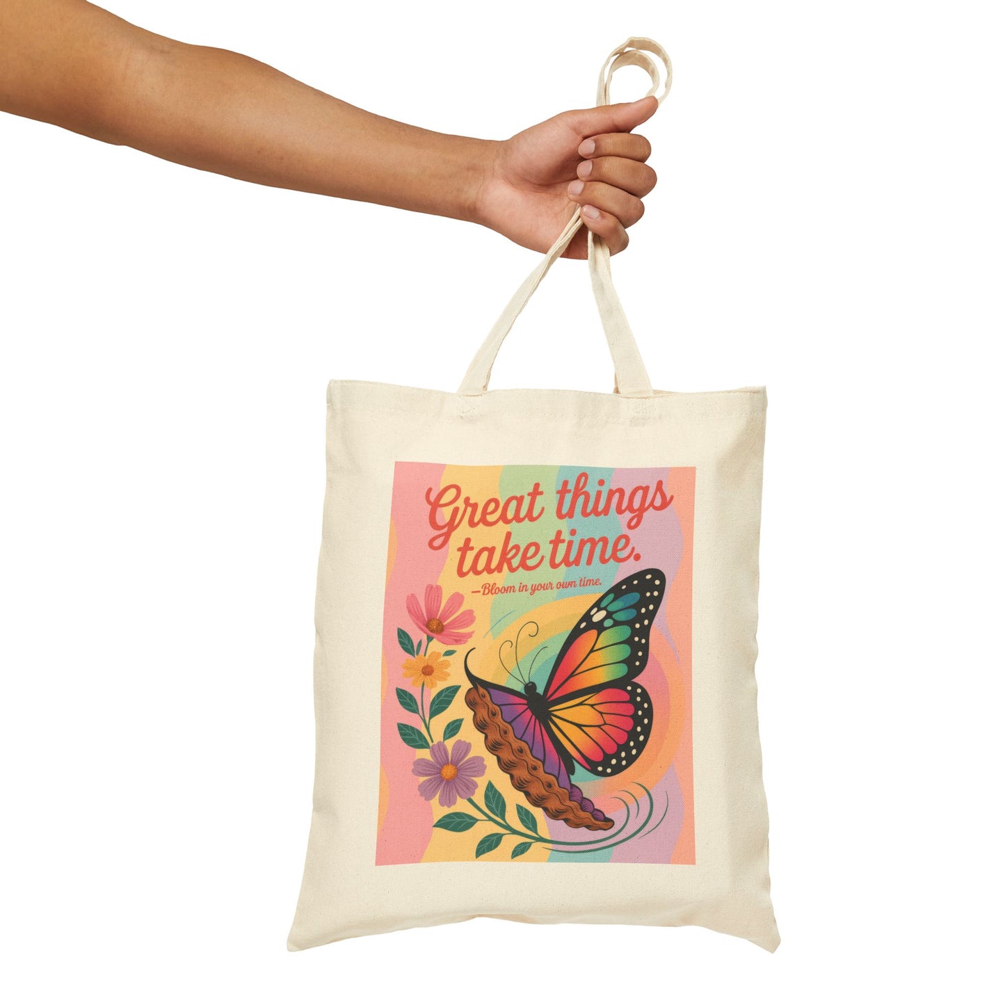 Great Things Take Time Tote Bag, Butterfly & Flower Cotton Canvas Bag, Motivational Quote Tote, Inspirational Gift for Women,  Boho Style Bag