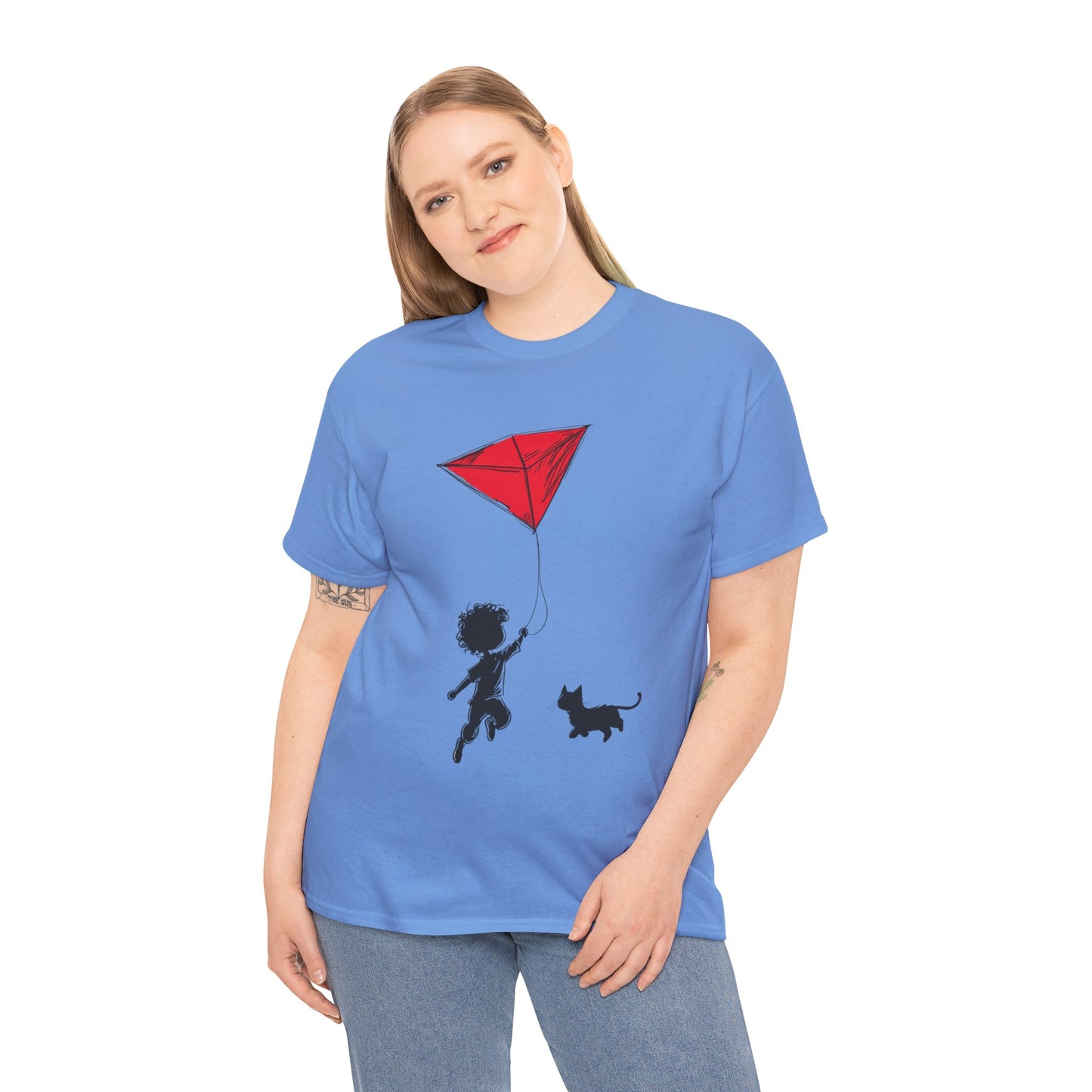 Cute Kid and Cat Design T-Shirt, Playful Gift for Cat Lovers, Summer Style, Cat Lover T-Shirt, Gift for Cat Owners, Women's Cotton T-Shirt
