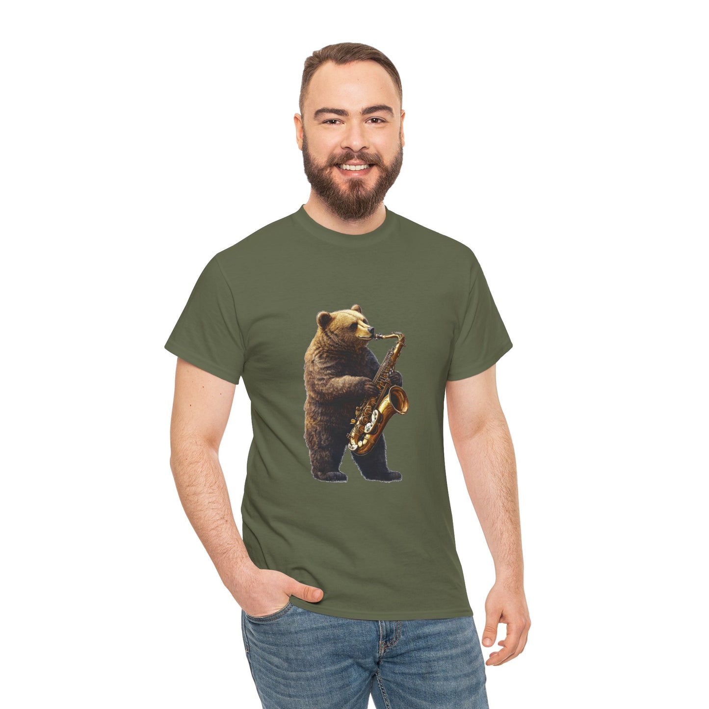 Saxophone Bear Unisex Heavy Cotton Tee, Music Lover Shirt, Gift for Musicians, Cute Animal Tee, Fun Jazz T-Shirt