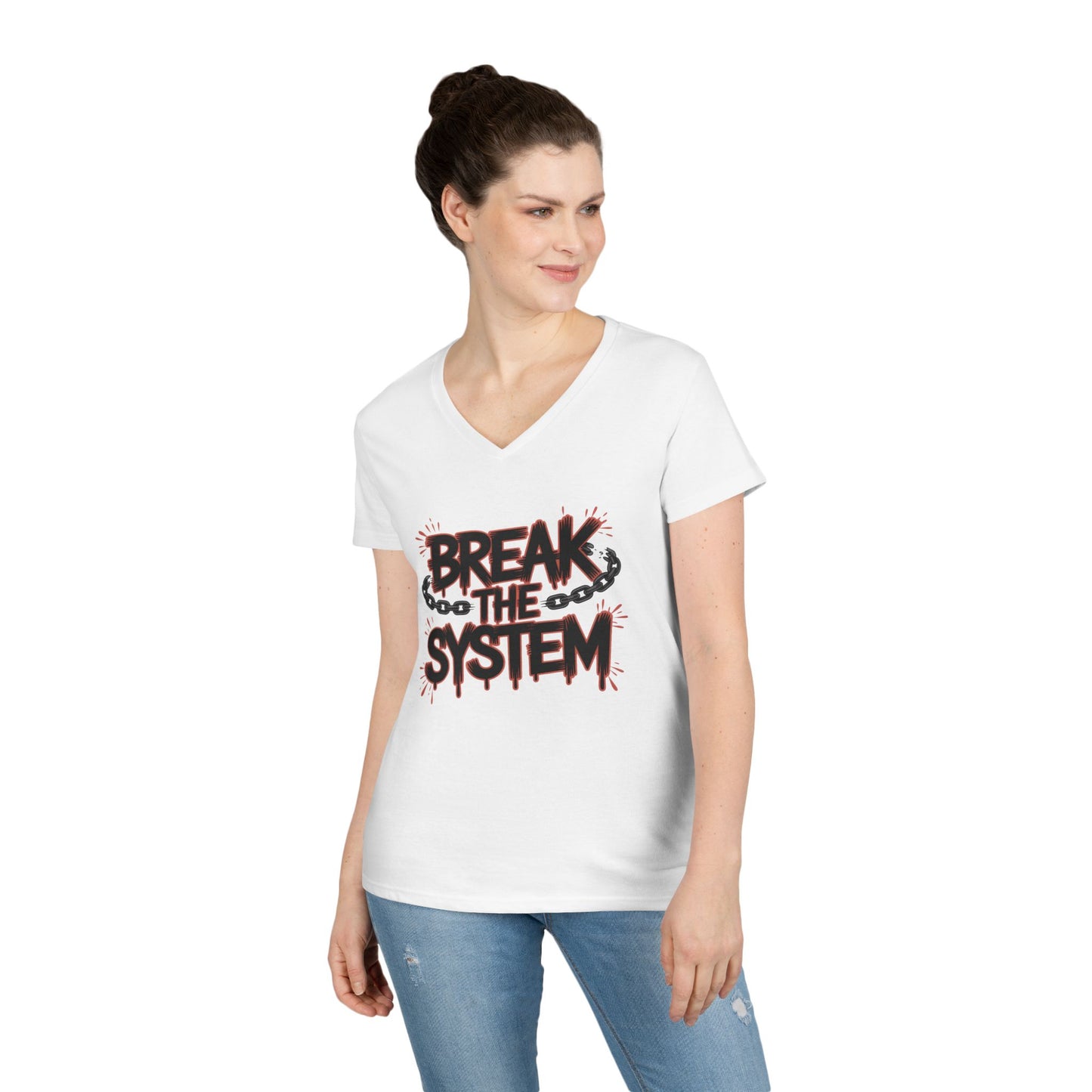 Ladies' V-Neck T-Shirt, Women's Graphic Tee, Break the System Shirt, Feminist Protest T-Shirt, Streetwear Gift for Her