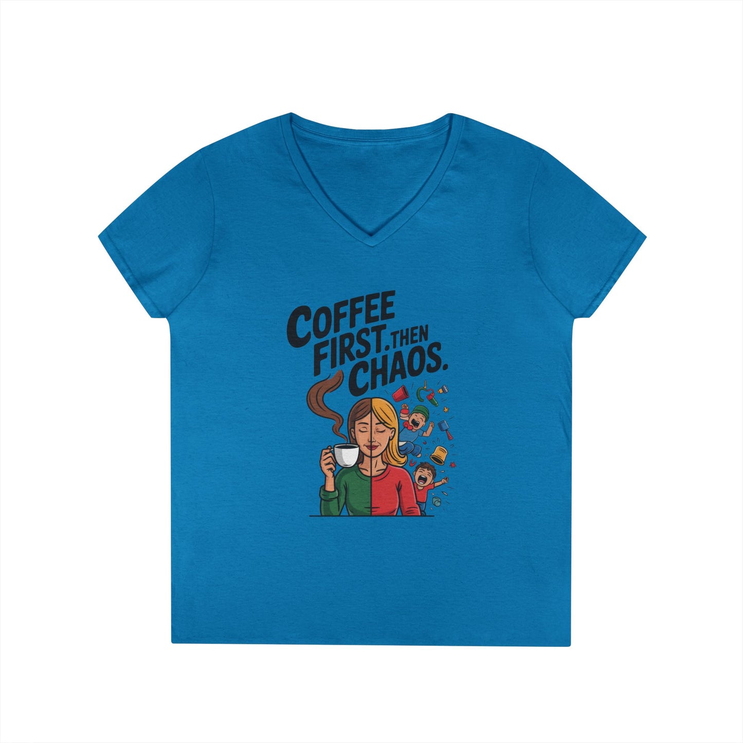 Coffee First Then Chaos V-Neck T-Shirt, Funny Mom Life Shirt, Mother's Day Gift, Mom Humor Tee, mom graphic tee, caffeine lover tee