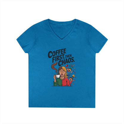 Coffee First Then Chaos V-Neck T-Shirt, Funny Mom Life Shirt, Mother's Day Gift, Mom Humor Tee, mom graphic tee, caffeine lover tee