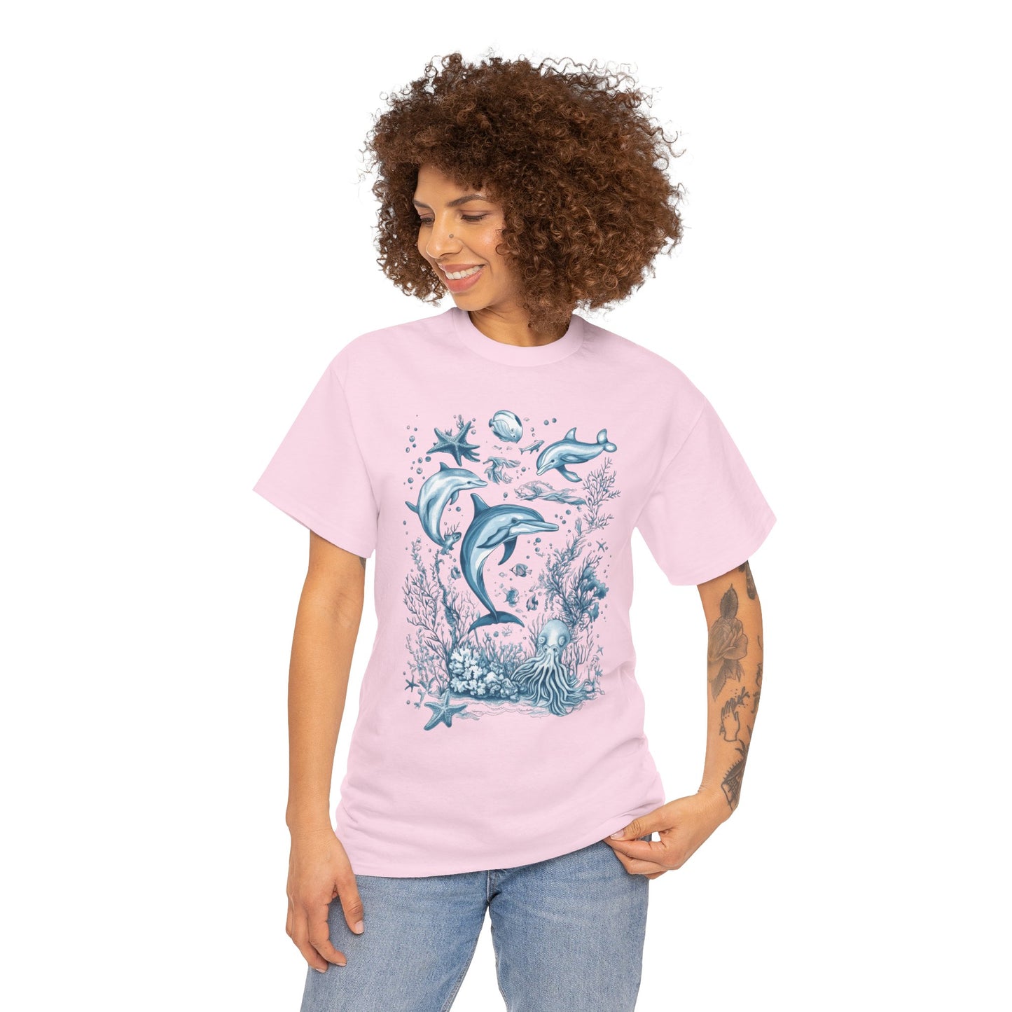 Ocean Life Dolphin T-Shirt, Women's Cotton Tee with Underwater Sea Creatures, Marine Nature Gift Shirt, Perfect for Beach Lovers