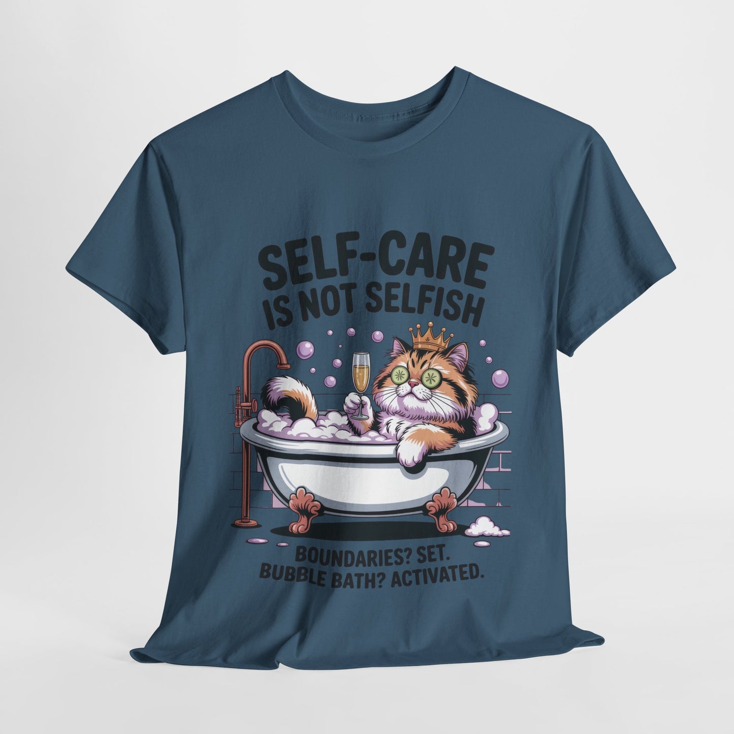 Womens Heavy Cotton Tee, Self-Care Cat Shirt, Funny Cat Bubble Bath Tee, Relaxing Kitty Graphic, Self Care Is Not Selfish Womens T-Shirt
