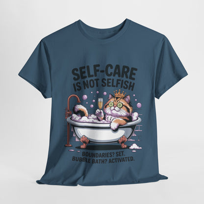 Womens Heavy Cotton Tee, Self-Care Cat Shirt, Funny Cat Bubble Bath Tee, Relaxing Kitty Graphic, Self Care Is Not Selfish Womens T-Shirt