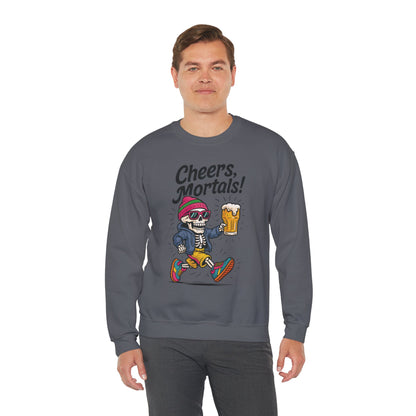 Cheers Mortals! Mens Crewneck Sweatshirt, Skeleton Beer Pullover with Hood, Drinking Humor Sweatshirt, Party Gift for Him, Halloween Apparel