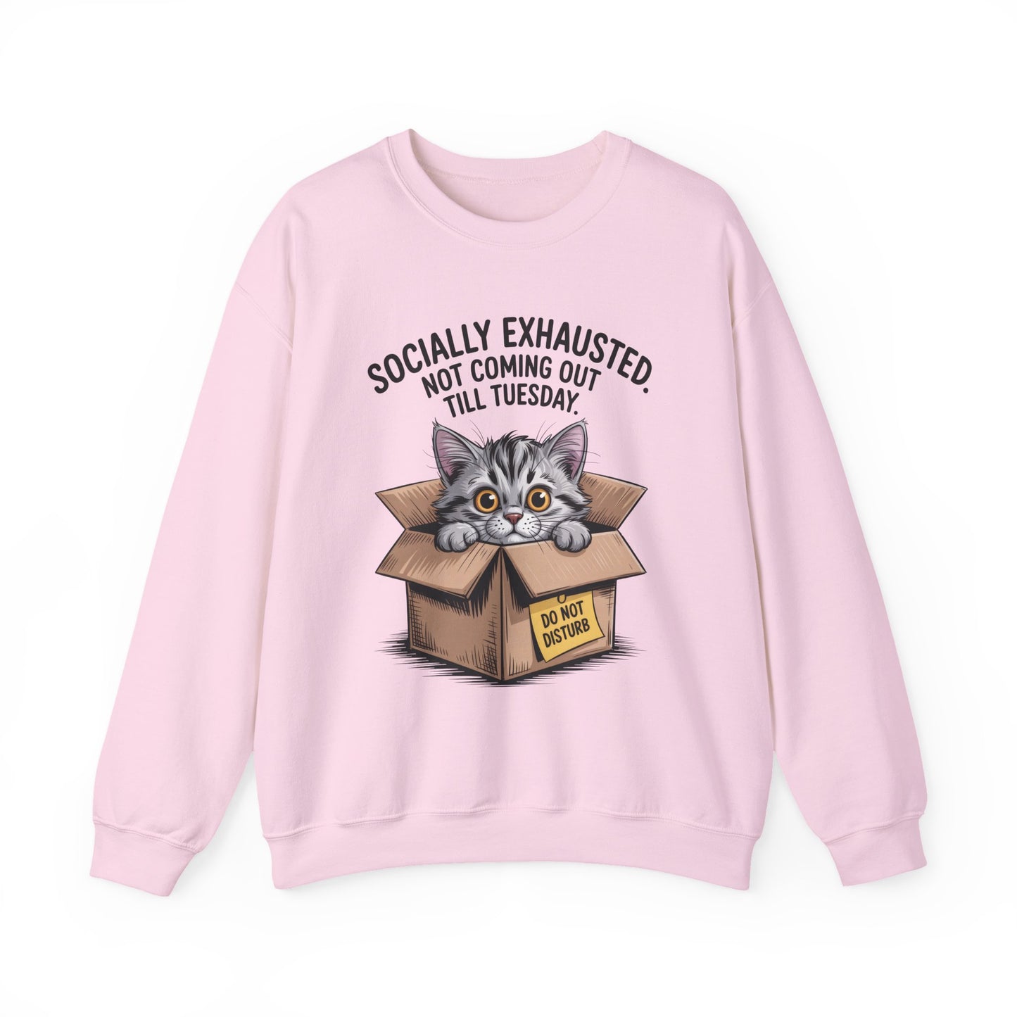 Socially Exhausted Cat Sweatshirt, Funny Cat Crewneck, Gift for Cat Lovers, Cozy Unisex Pullover, Weekend Comfort Apparel