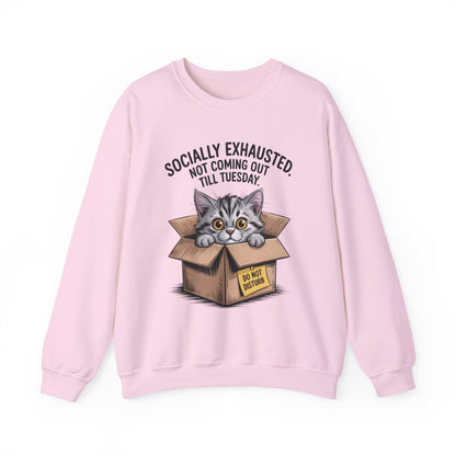 Socially Exhausted Cat Sweatshirt, Funny Cat Crewneck, Gift for Cat Lovers, Cozy Unisex Pullover, Weekend Comfort Apparel