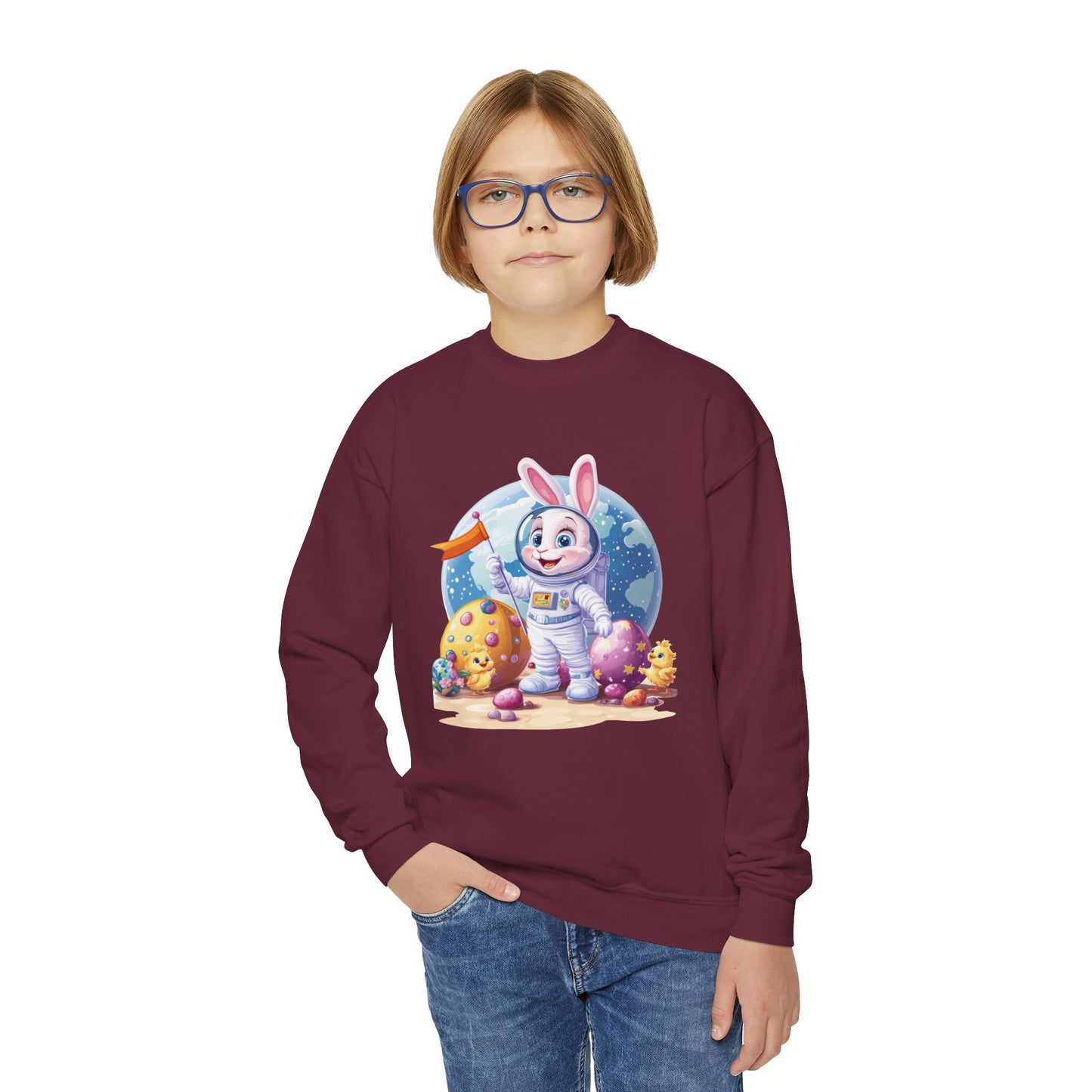 Astronaut Easter Bunny Youth Sweatshirt, Space Bunny Galaxy Crewneck for Kids, Cute Space Easter Gift for Boys & Girls, Fun Space Themed