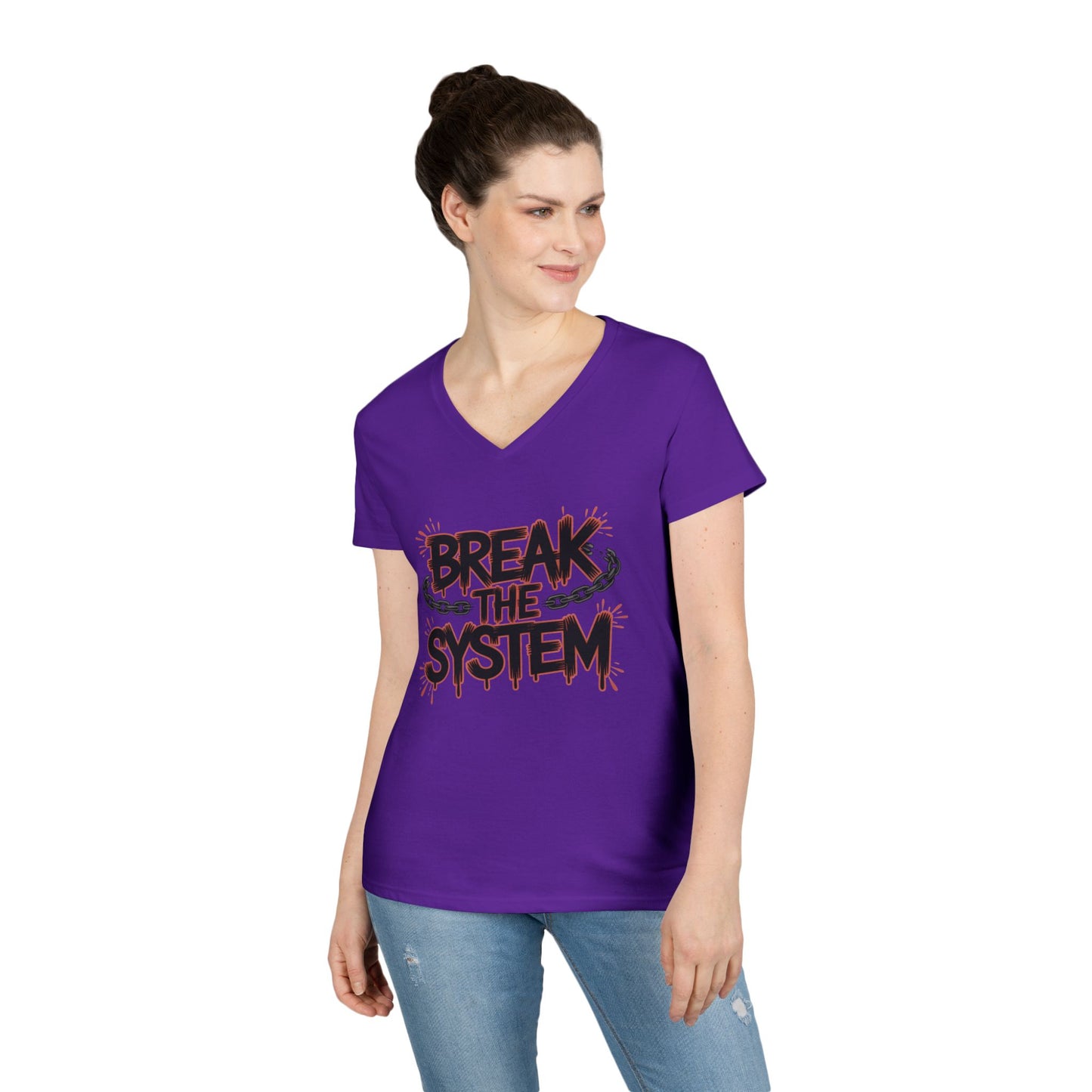 Ladies' V-Neck T-Shirt, Women's Graphic Tee, Break the System Shirt, Feminist Protest T-Shirt, Streetwear Gift for Her