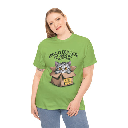 Socially Exhausted Cat Women's Tee, Funny Cat Shirt, Women's Graphic Tee, Gift for Introverts, Cute Animal T-Shirt, Weekend Wear