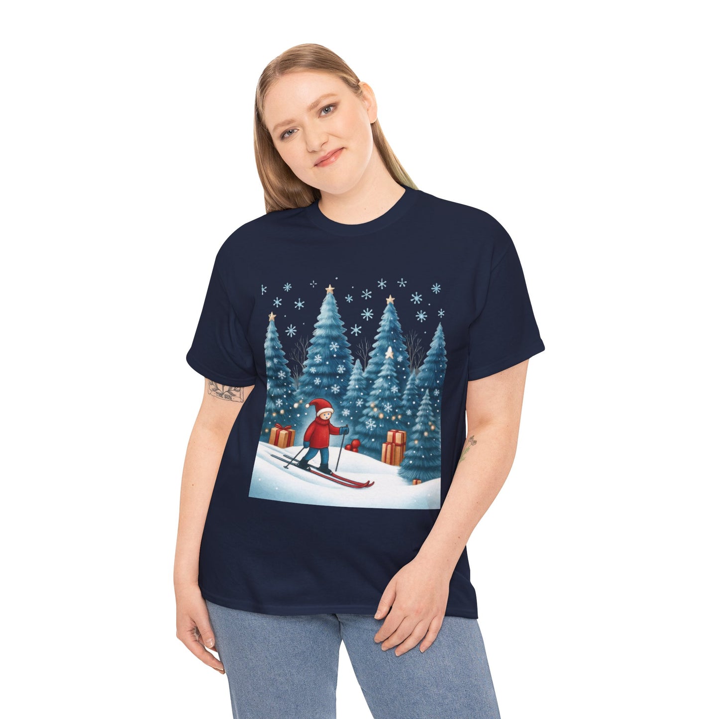 Womens Cute Winter Holiday Graphic Tee, Christmas Skiing T-Shirt, Women's Heavy Cotton Tee
