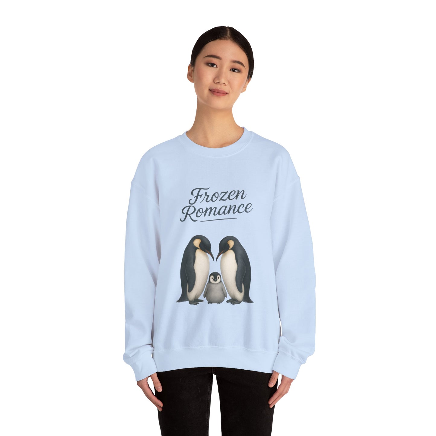 Womens Heavy Blend™ Crewneck Sweatshirt, Womens Frozen Romance Penguin Sweatshirt, Cute Animal Pullover, Romantic Graphic Top