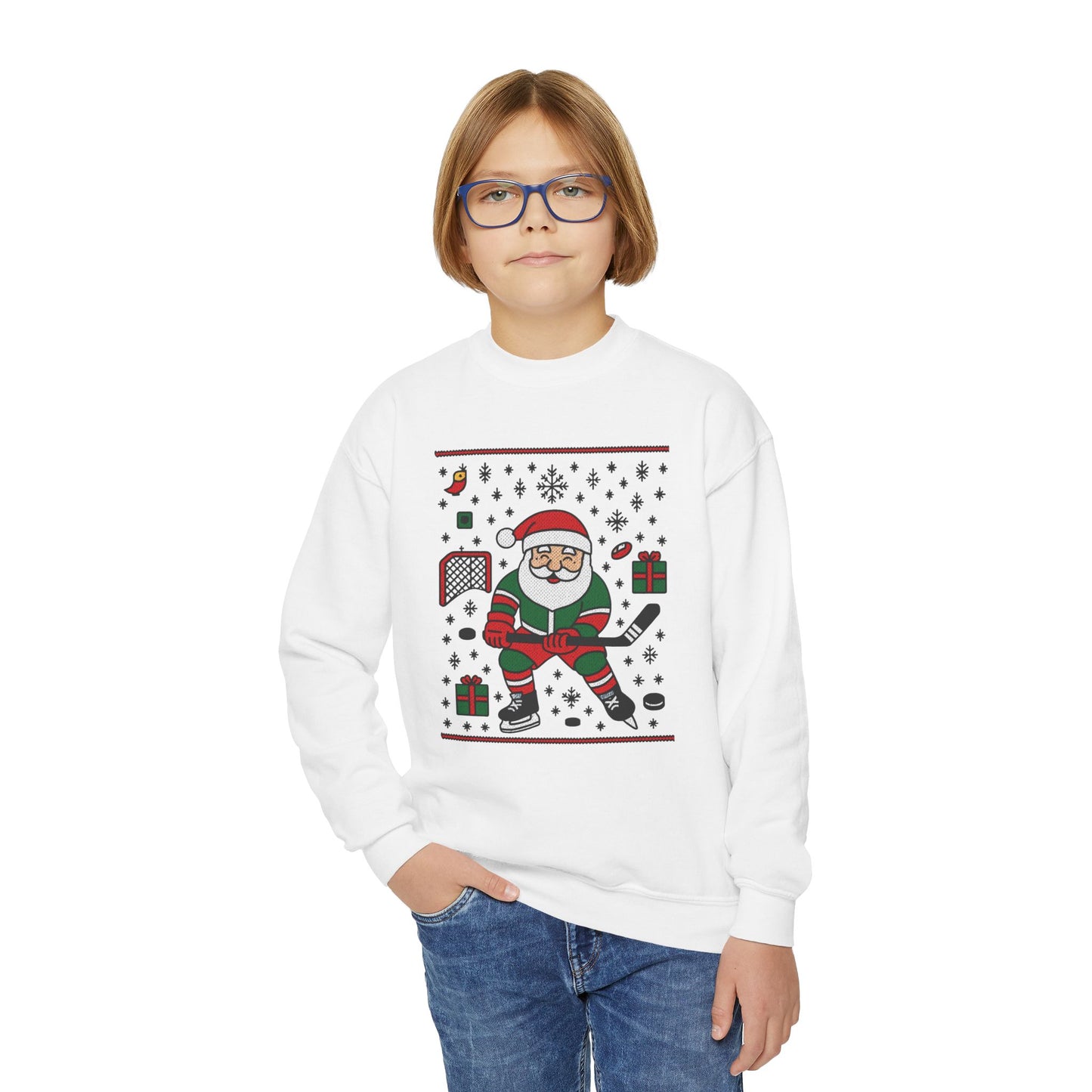 Hockey Santa Youth Christmas Sweatshirt, Funny Sports Holiday Jumper for Boys