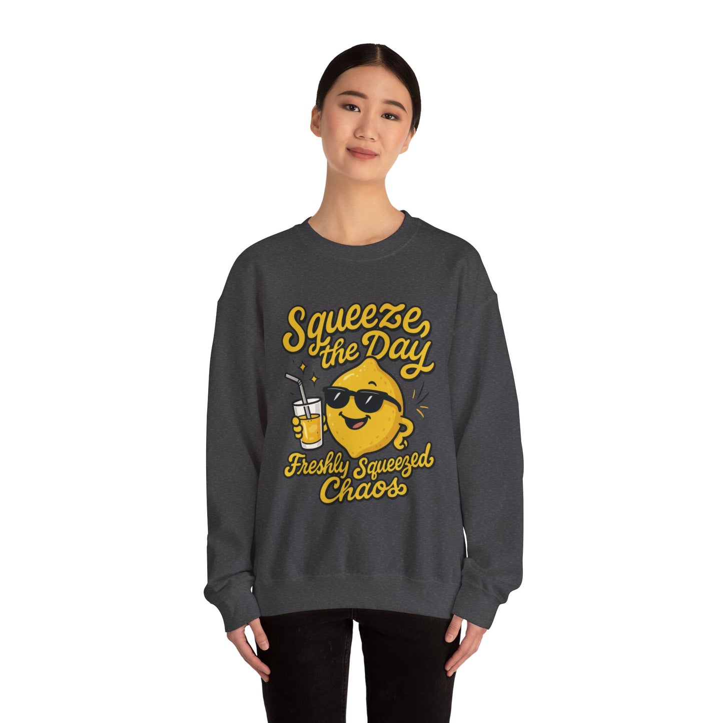 Funny Lemon Womens Sweatshirt - Squeeze The Day Freshly Squeezed Chaos Cozy Pullover - Citrus Positive Crewneck Sweatshirt, Cheerful Fashion
