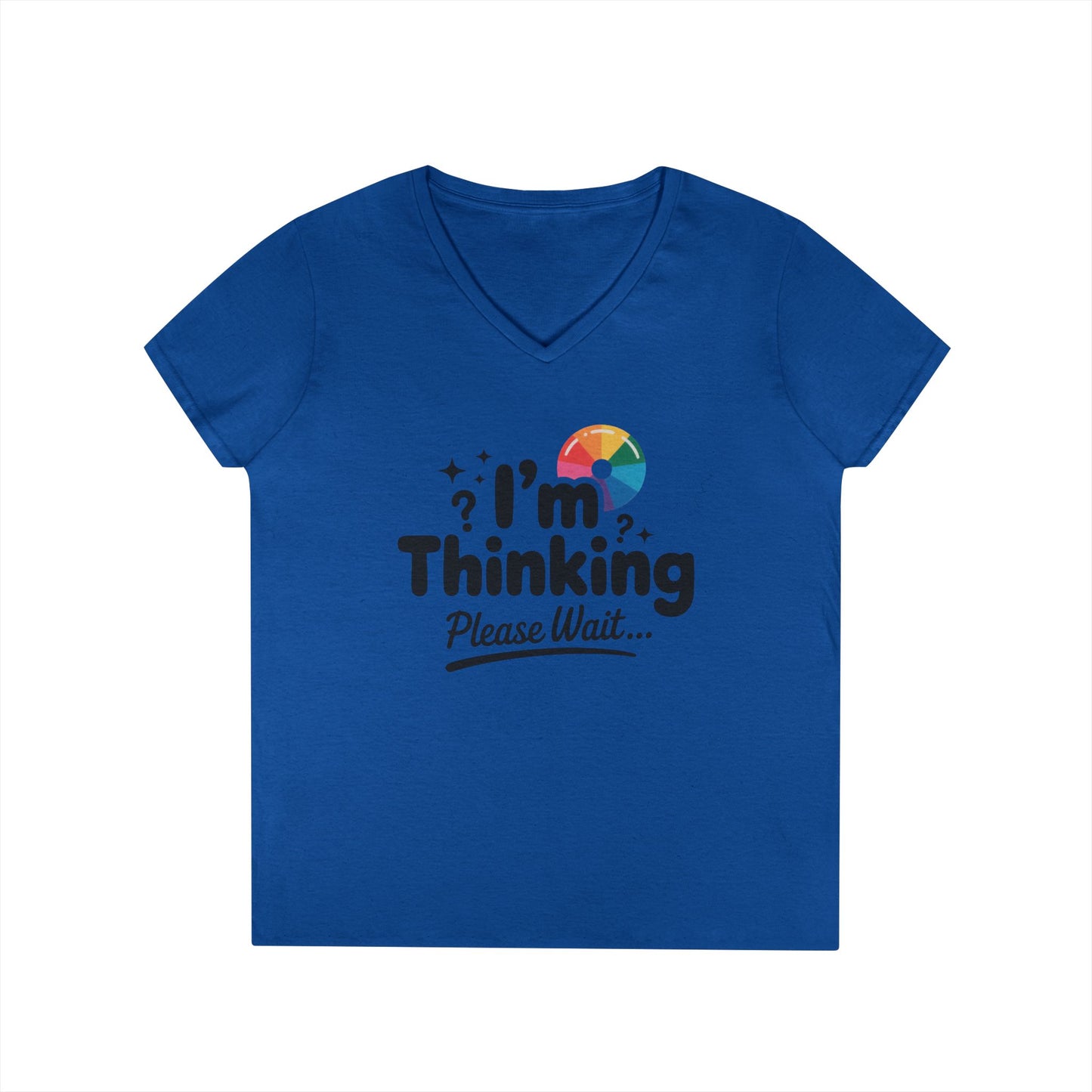 Funny - Im Thinking Please Wait - V-Neck T-Shirt for Women, Cute Geeky Gift for Introverts, Programmers, Designers, Fun Humor Shirt