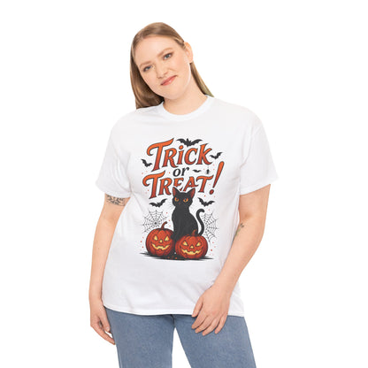 Trick or Treat Black Cat Halloween T-Shirt for Women, Spooky Cute Pumpkin Cat Tee, Fall Halloween Outfit Gift, Vintage Witchy Top