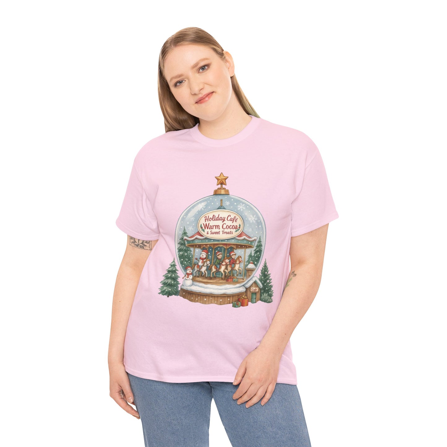 Holiday Café Christmas T-Shirt for Women, Warm Cocoa  Carousel Tee