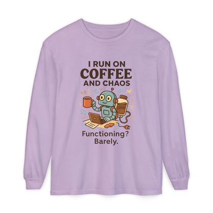 Coffee Chaos Long Sleeve Tee, Funny T-Shirt, Quirky Gift for Coffee Lovers, Unisex Top for Busy Lives, Work from Home Humor Tee