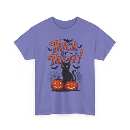Trick or Treat Black Cat Halloween T-Shirt for Women, Spooky Cute Pumpkin Cat Tee, Fall Halloween Outfit Gift, Vintage Witchy Top