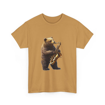 Saxophone Bear Unisex Heavy Cotton Tee, Music Lover Shirt, Gift for Musicians, Cute Animal Tee, Fun Jazz T-Shirt